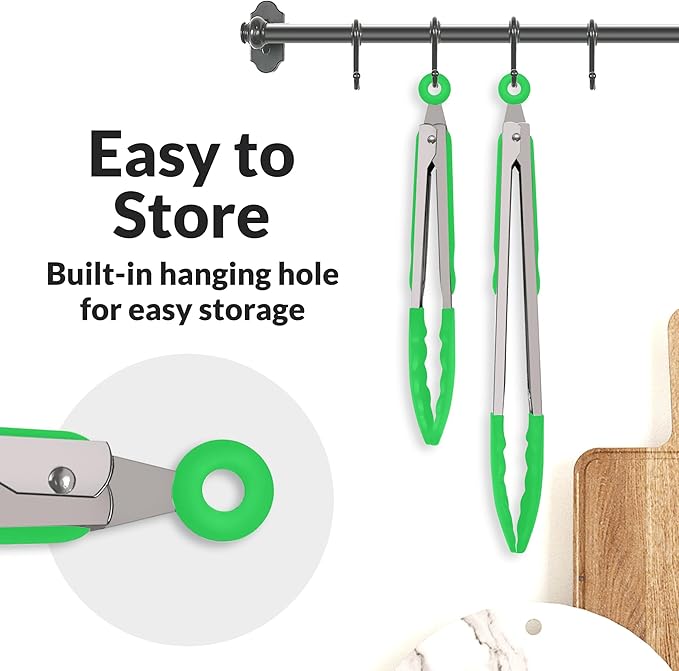 Zulay Stainless Steel Kitchen Tongs with Silicone Tips - Set of 2 (9” & 12”) Locking Cooking Tongs with Non-Slip Grip - Heat Resistant, BBQ Food Tongs for Non-Stick Cooking Pans (Silver/Light Green)