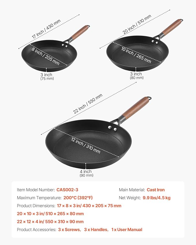 VEVOR Cast Iron Skillet, 3-Piece Frying Pan Set (8, 10, 12 in), Nonstick Skillets with Detachable Wood Handle, Pre-Seasoned Chef's Pan, Kitchen Cookware for Gas, Electrical, and Induction, Black