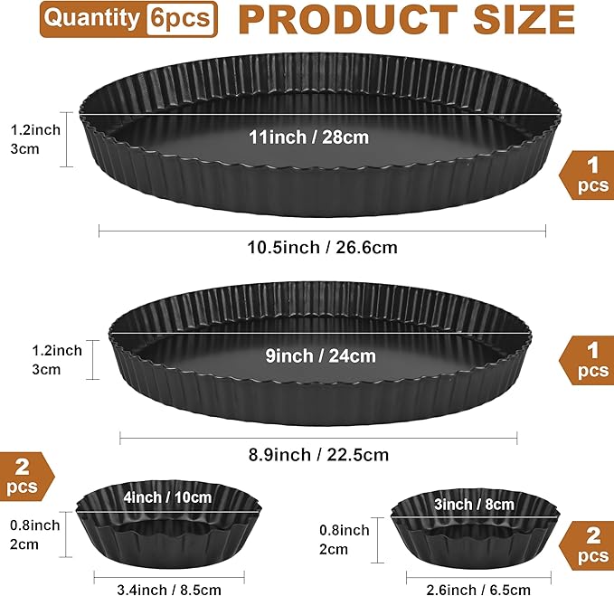 6 Pcs Round Tart Pans, Nonstick Tart Pan with Removable Bottom, 11In 9In 4In 3In Nonstick Quiche Pan Carbon Steel for Baking Pie Cheesecake Pizzas (Dark Grey)