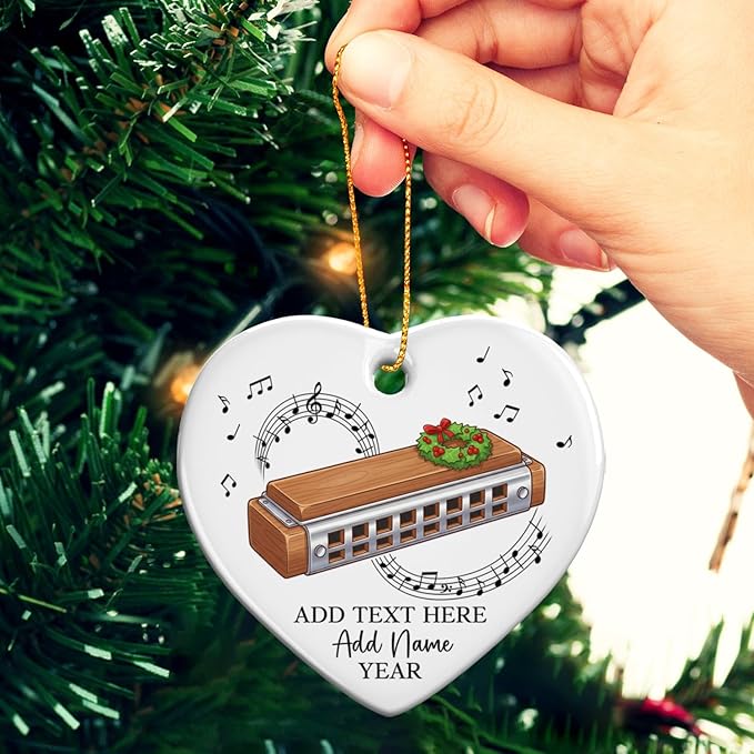 Personalized Harmonica Christmas Ceramic Ornaments, Harmonica Musical Instrument Xmas Tree Ornament 2025, Custom Music Lover Christmas Ornament with Text Name & Year, Gift for Music Teacher