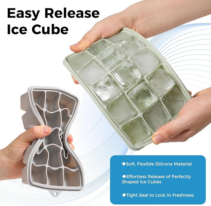 Silicone Ice Cube Trays with Lid, Set of 4, Easy Release Ice Molds, Reusable and Stackable Ice Trays for Freezer for Cocktail, Whiskey, Baby Food, BPA Free (gray)