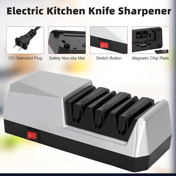 Knife Electric Sharpener for Kitchen, Bread, Serrated & Japanese-style Knife, 3 Stages Precision Angle Guides Sharpener, 100% Diamond Abrasives