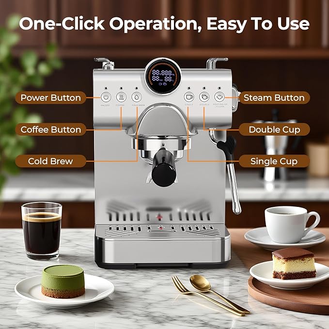 Compact Espresso Machine with Milk Frother,Cold Brew & Hot Coffee Machine,LED Display,Cappuccino & Latte Machine for Home,Beginner-Friendly Espresso Machines (SILVER)