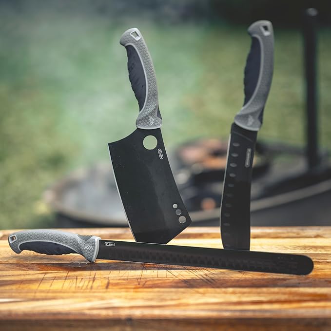 OUTDOOR EDGE ErgoMax Meat Carver Knife Set - Includes Cleaver, Brisket, Butcher & Honing Steel, Premium Titanium-Coated Steel Blades, Non-Slip Rubber Handles, Sharpening Rod