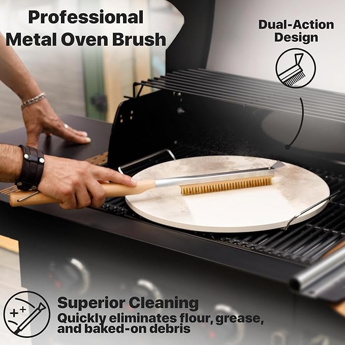 KitchenStar 16-inch Pizza Making Set, 6 PCS - Pizza Stone + Stainless Steel Rack, Acacia Wood Pizza Peel, Pizza Cutter Rocker + Protective Cover, Metal Brush - Oven & Grill Accessories Kit