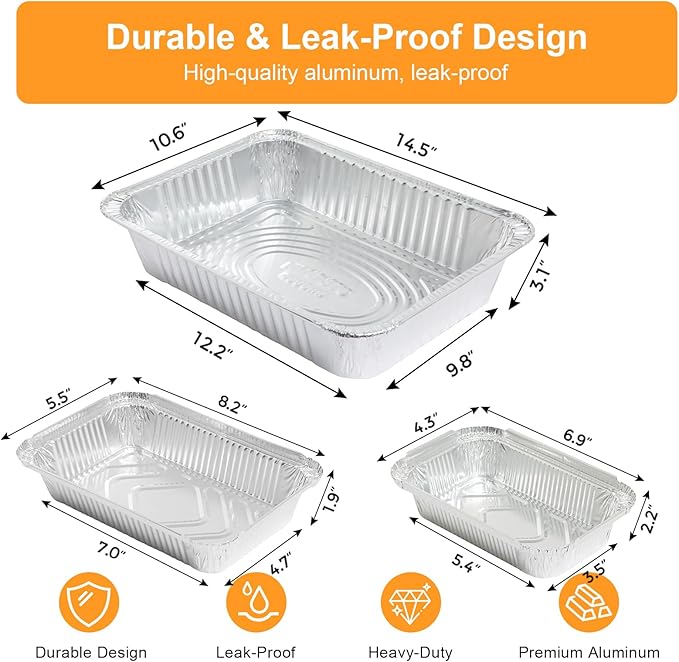 Notwoe® 55pc Disposable Aluminum Pans With Lids, 10x14 (10pc) 5.5x8.2 Square (15pc) And 4x7 Square (30pc) Combo Set, Disposable Baking and Cake Pan. (55 Pack w/Lids)