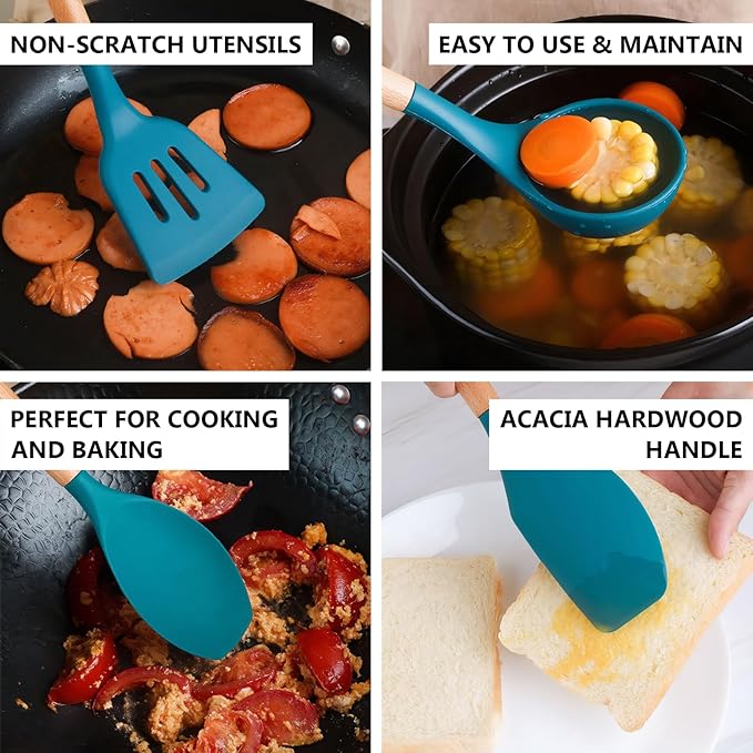 Silicone Kitchen Cooking Utensils Set 5Pcs Non-Stick Silicone Kitchen Utensils Set Spatula Spoon Turner Ladle with Wooden Handle, Heat Resistant Cooking Gadgets for Nonstick Cookware BPA-FREE