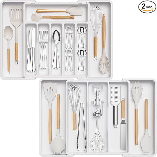 Lifewit Silverware Drawer Organizer and Utensil Organizer Set, Expandable Cooking Cutlery Tray for Kitchen, Adjustable Plastic Flatware Holder Storage Divider for Spoons Forks Knives, Large, White
