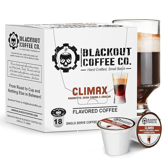 BLACKOUT COFFEE CLIMAX Amaretto, Irish Cream & Kahlua Flavored Coffee Pods – Premium Arabica, Smooth Taste, Guilt-Free Indulgence – 18 Count Single Serve Coffee Pods, American Made