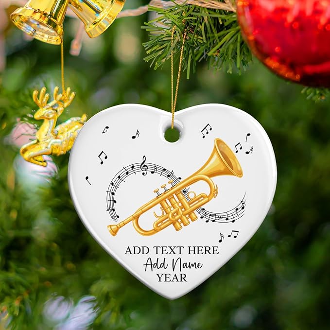 Personalized Text Name Year Trumpet Xmas Ceramic Ornaments, Trumpet Instrument Christmas Tree Ornament 2025, Trumpetist Christmas Ornament Gift for Men Women, Instrument Themed Xmas Decor