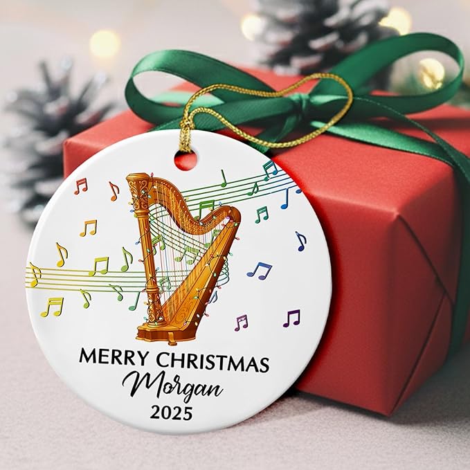 Customized Year Text Name Harp Player Christmas Ornament, Unique Harp Instrument Ornaments Gift for Women Men Harpist Appreciation Birthday, Personalized Harp Musical Ceramic Christmas Ornament 2025