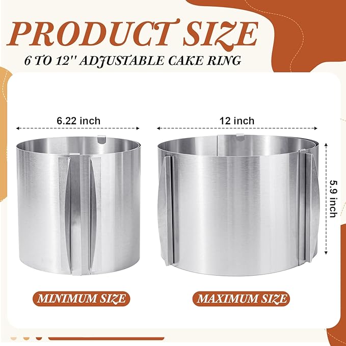 Hushee 2 Pcs 6 to 12 Inch Cake Ring 5.9 Inch High Adjustable Cake Mold Baking Rings Kit Round Stainless Steel Decorating Bakeware Tools with Scaling for Mousse Baking Dessert Making (15 cm)