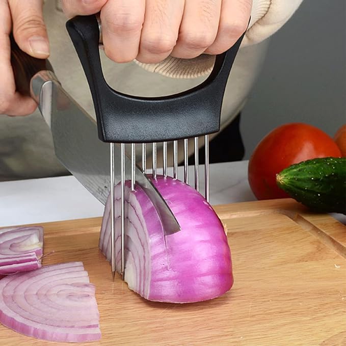 Onion Holder for Slicing, Stainless Steel Lemon Slicer Vegetable Cutter Onion Slicer Holder, Kitchen Chopper Slicing Assistant Tool for Potato Tomato Cucumber Avocados Fruits Eggs Meat