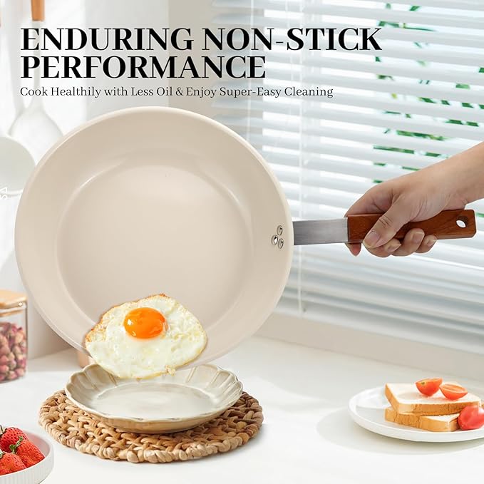 MARSKITOP 10 Inch Frying Pan Nonstick, Stainless Steel Skillet with Ceramic Coating, PFAS Free, Fry Pan with Ergonomic Wooden Handle, Suitable for All Stove