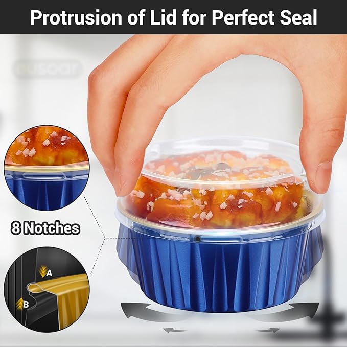 EUSOAR Aluminum Foil Baking Cups with Lids, Royal Blue 100pcs 5oz Creme Brulee Ramekins Disposable, Muffin Liners Cups，Mini Cheesecake Foil Pans Dessert Containers with Lids for Party Favor Birthday