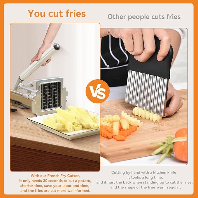 Commercial French Fry Cutter Stainless Steel.Potato Cutter for French Fries with 1/4 and 3/8Inch Blade, Commercial French Fry Cutter Manual Potatoes Cutting Machine with Suction Feet.