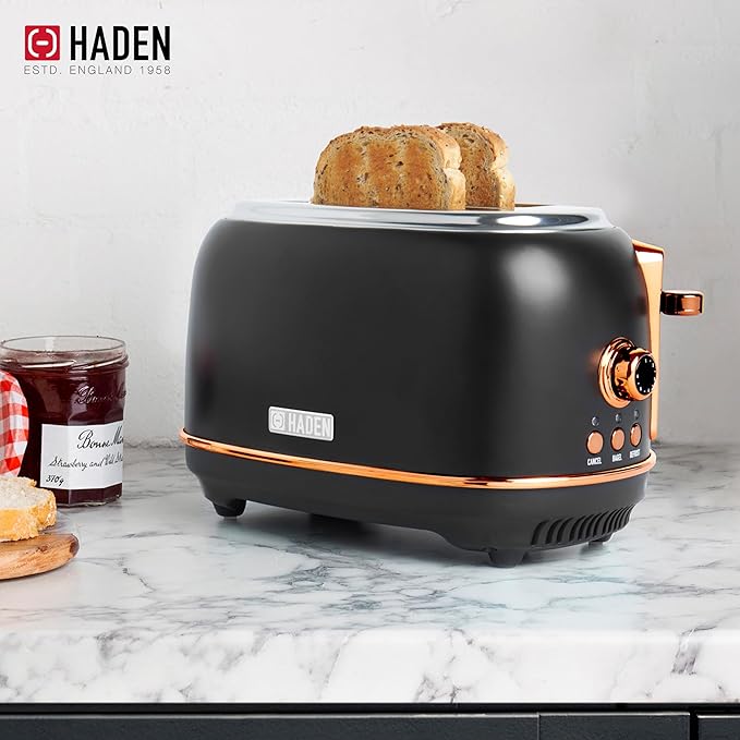 Haden Heritage 2 Slice Wide Slot Stainless Steel Toaster Bundled with 12 Cup Programmable Drip Coffee Maker Coffee Machine, Black & Copper