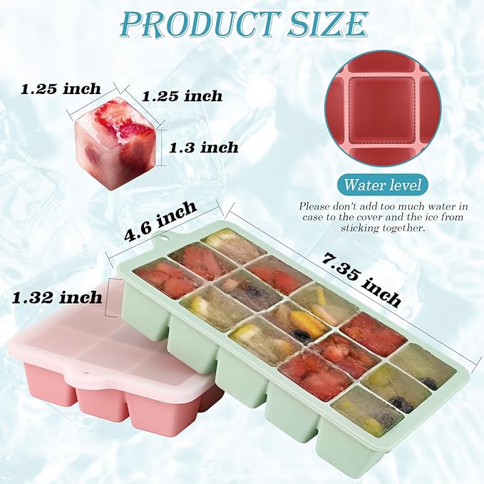 HUAKENER 2 Pack Silicone Ice Cube Tray, Medium Size Ice Cube Trays for Freezer, Stackable Ice Cube Molds with Lid for Whiskey, Coffee, Juice, Baby Food