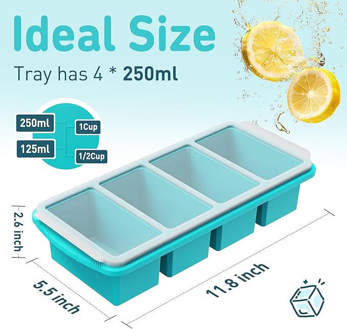 Silicone Freezer Tray with Lid Soup Freezer Container Molds with Steel Reinforced Rim Ice Cube Freezer Molds Large Ice Cube Tray Silicone Freezer Container Freeze & Store Soup Sauce Broth Leftovers