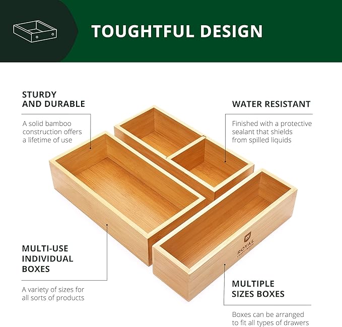 ROYAL CRAFT WOOD Luxury Bamboo Drawer Organizer Storage Box, Bin Set - Multi-Use Drawer Organizer for Kitchen, Bathroom, Office Desk, Makeup, Jewelry (3 Boxes)