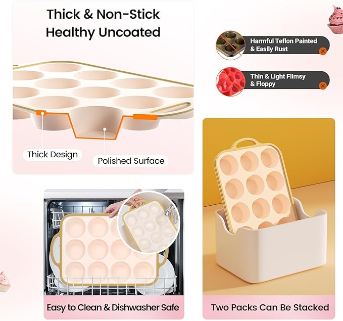 Silicone Muffin Pans for Baking 2 Pack, 2.6 Inch with Metal Reinforced Frame, Regular Size Nonstick Cupcake Pan 12 Cups for Baking Homemade Muffins, Dishwasher Safe BPA Free-Light Yellow