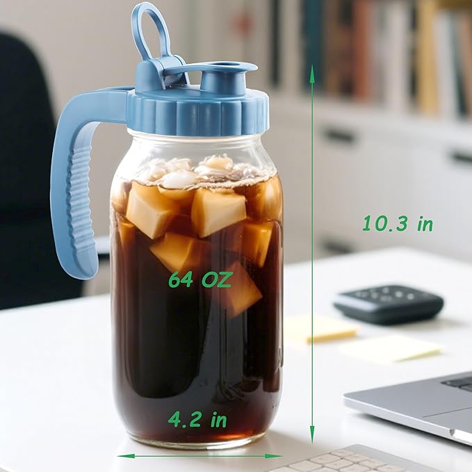 Mason Jar Pitcher With Stainless Steel Filter 64 OZ Wide Mouth Cold Brew Coffee Maker 2 Quart Glass water pitcher with lid Half Gallon Cold hot Tea maker For Lemonade Milk Juice Refrigerator