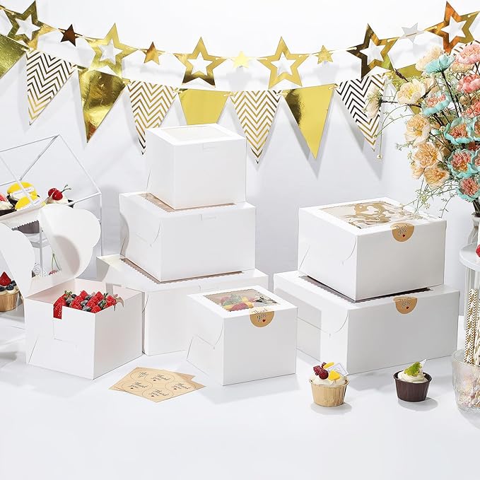 White Cake Boxes 10 Inch with Window, 10 Set Bakery Boxes with Cake Boards & Stickers, Cupcake Box for Birthday, Party, Wedding, Mother's Day, Valentine's Day, Christmas（10x10x5 inch）