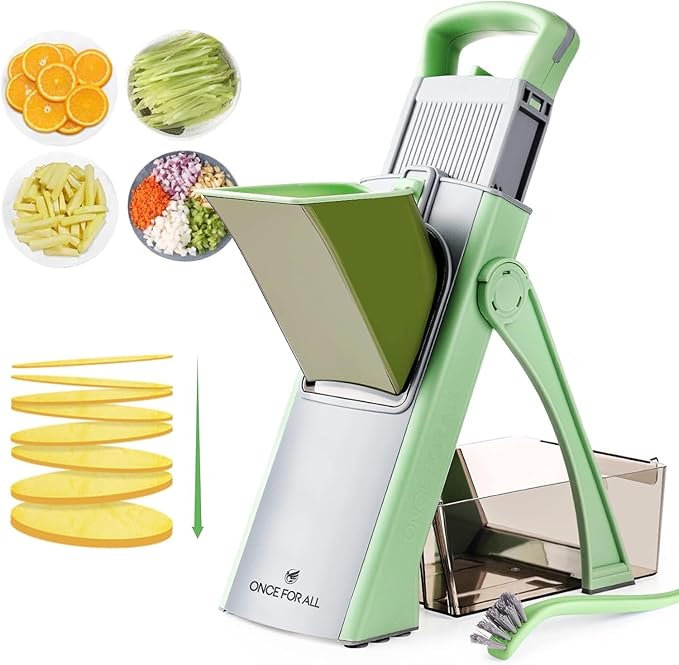 New Upgrade Safe Mandoline Slicer Plus, Biger Size, Adjustable Vegetable Food Chopper Potato Fries Cutter, Detachable Blade, Kitchen Chopping Artifact with Container. Green