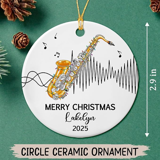 Personalized Saxophone Player Ceramic Christmas Ornament 2025, Customized Text Year Name Saxophonist Hanging Xmas Ornaments Gift, Unique Saxophone Instrument Ceramic Ornament for Women Men DDA Mom