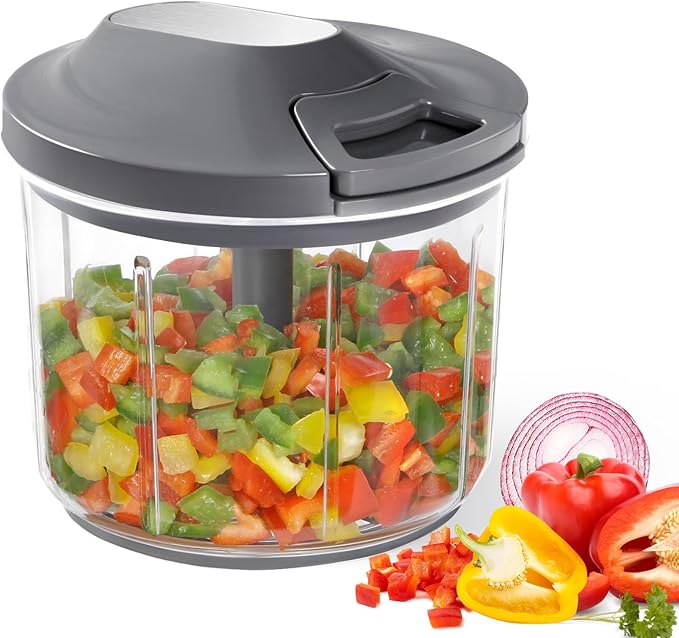 LHS Manual Food Processor Large Vegetable Chopper, 1000ML Pull String Chopper Garlic Mincer Onion Cutter for Veggies,Salad,Fruits, Nuts, BPA Free, GREY