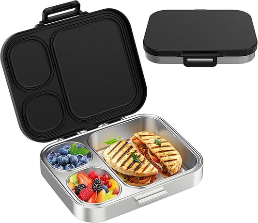 Stainless Steel Bento Lunch Box for Kids | 3-Compartment Lunch Box Container Kids | 100% Leakproof, Eco-Friendly, Perfect Portion Control for Kids&Adult Healthy Meals (Black)