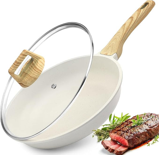 GiPP Nonstick Frying Pan Skillet with Lid - 9.5" White Granite Non Stick Pans, Omelette Pan with Heat-Resistant Handle, Compatible with All Stovetops, PFOA Free