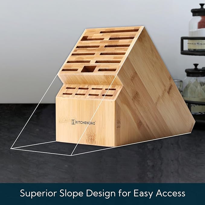 KITCHENDAO Deluxe 20 Slot Bamboo Knife Block Block without Knives, Countertop Butcher Block Kitchen Knife Stand, Hold Multiple Large Blade Knives, Wider Slots for Easier Storage