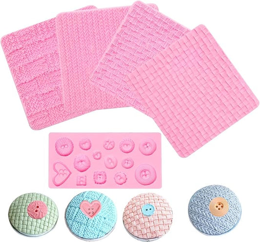 Fondant Impression Mats Molds, Knitting with Button Silicone Chocolate Molds (5 Packs), Sweater Design Knit Impress Texture Stamp Mat for Baby Shower, Birthday Cake Decorating Cupcakes Topper