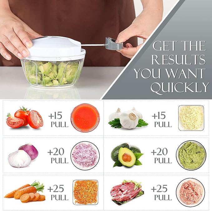 Ourokhome Manual Food Processor Vegetable Chopper, Portable Hand Pull String Garlic Mincer Onion Cutter for Veggies, Ginger, Fruits, Nuts, Herbs, etc., 500ml, White