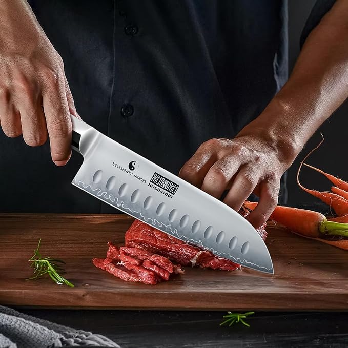 HOSHANHO 7 Inch Santoku Knife，Professional Japanese High Carbon Steel Chef Knife, Razor Sharp Kitchen Knife with Ergonomic Red Sandal Wooden Handle - Gift Box