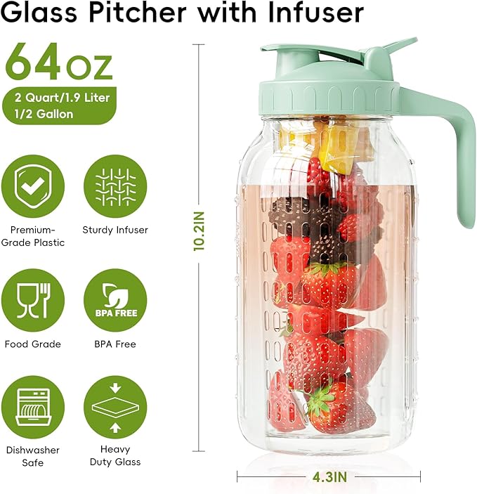 Fruit Infuser Water Pitcher,Glass Mason Jar Pitcher,64oz(2 Quart) Wide Mouth Jug with Pour Spout Handle Lid for Fruit Drinks,Cold Brew Coffee,Ice Beverage,Iced Juice,Lemonade,Sun Tea Container