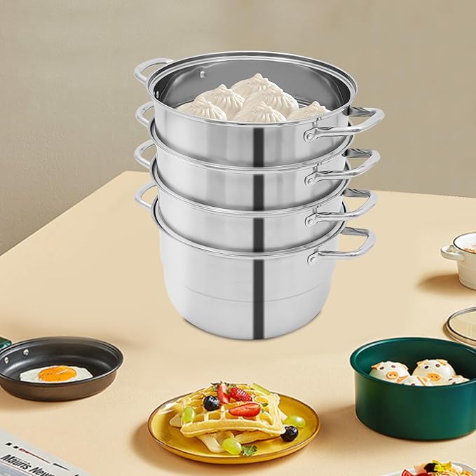 5-Layer Steamer Stackable Steam Cooker, 304 Stainless Steel Steamer with Stackable Pan and Lid, 23.6inch Multi Tier Cookware Pot for Cooking Dumplings, Steamed Buns