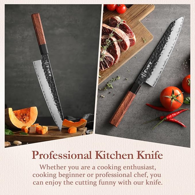 HEZHEN Kiritsuke Knife,9.5 Inches,3 Layers High Carbon Clad Steel Japanese Knife, Professionl Professional Japanese Kitchen Knife, Redwood Octagonal Handle