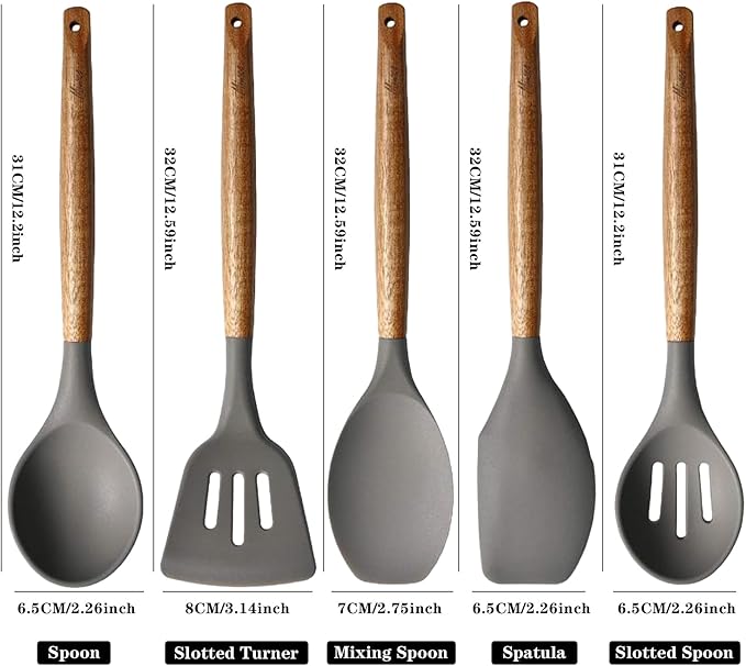 Kitchen Utensils Set, Silicone Cooking Utensils Set,Non-Stick Silicone Spatula Set with Natural Acacia Hard Wood Handle, 5 Piece, Upgraded Thickened Cookware