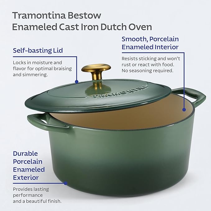 Tramontina Bestow Enameled Cast Iron Dutch Oven Pot with Lid, Round 5.5-quart, Cactus (Gold Knob)
