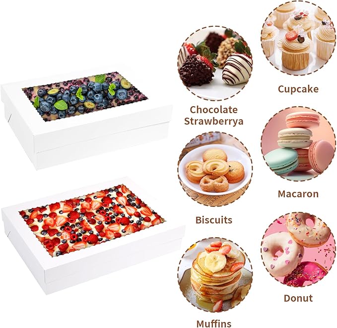 12pcs 19x14x4 inch Cake Boxes with Window，White Rectangle Sheet Large Bakery Boxes for Pastry Dessert Cake, Cupcakes Donuts Cookies Pie Treat Packaging