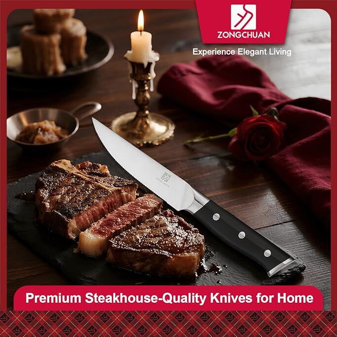 Steak Knife,4.5inch Steak Knives Set of 2,High-Carbon Stainless Steel Knife Set,Serrated Blade Sharp Knives,Dishwasher Safe,Ergonomic Black Handel,Full Tang Design With Excellent Gift