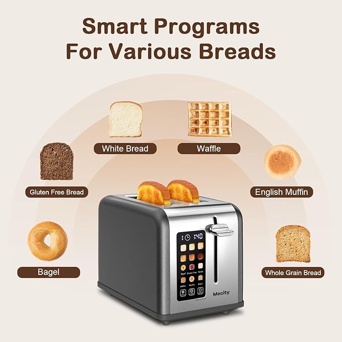 Mecity 2 Slice Touch Screen Toaster, 1.5" Wide Slot, Stainless Steel Smart Toaster for Bagels, Muffins, Waffles, Gluten-Free Breads, Defrost, Reheat, Timer, 120V 825W, Grey Pearl