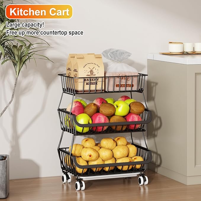 Miyawell 3-Tier Rolling Pantry Cart with Wheels, Stackable Wire Storage Floor Organizer for Kitchen Pantry Snack Shelves, Fruit Basket Stand, Vegetable Storage Rack for Food Snacks Onion Potato