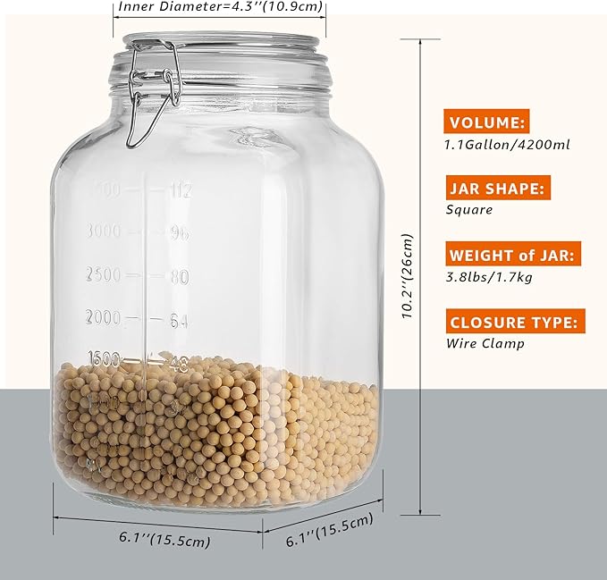 2 Pack 1.1 Gallon Square Super Wide Mouth, Airtight Glass Storage Jars, with Measurement Marks, Leak-Proof Lids for Kitchen Pantry, Canning, Dry Food (Flour, Sugar) & Drinks