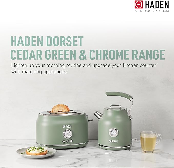 Haden Dorset 2 Slice Wide Slot Stainless Steel Toaster with Adjustable Browning Control & Non Slip Feet, Cedar Green & Chrome