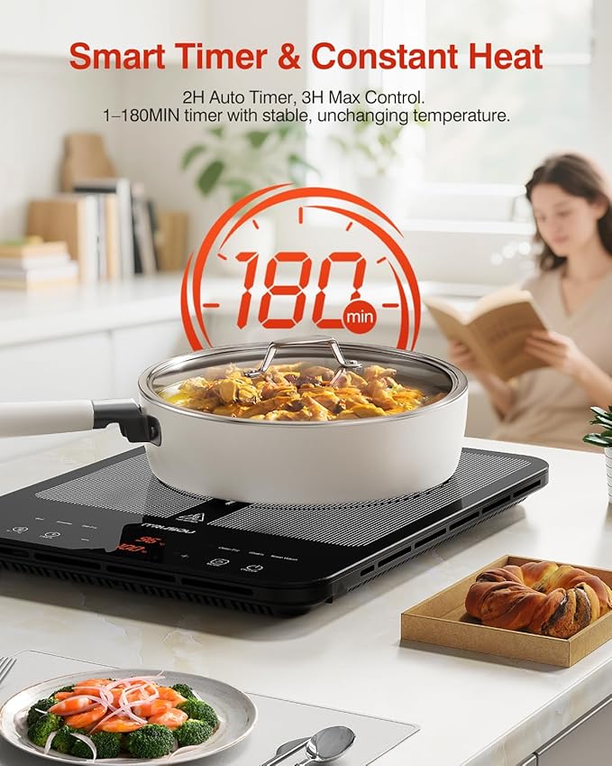 Portable Induction Cooktop, 1°C Precision Control, Dual Temp Display, 1L Boils in 4 Mins, Ultra-Slim 26mm Burner, 6 Cooking Modes, 3-Hour Timer, Glass Surface, for Magnetic Cookware Only