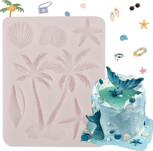 1pcs Coconut Tree Silicone Mold Starfish Shell Fondant Mold for Beach Ocean Theme Party Cake Decoration Chocolate Candy Flower Paste DIY Plaster Epoxy Polymer Clay Crafts
