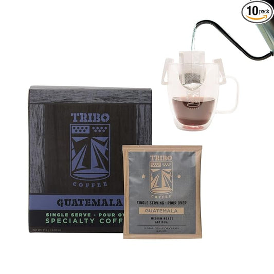 Tribo Coffee Single-Serve Portable Pour Over Drip Coffee - Guatemala Antigua - 10 Servings (Medium Roast)